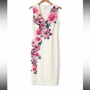 NWT Calvin Klein White Dress with Pink and Purple Floral Design Size 4